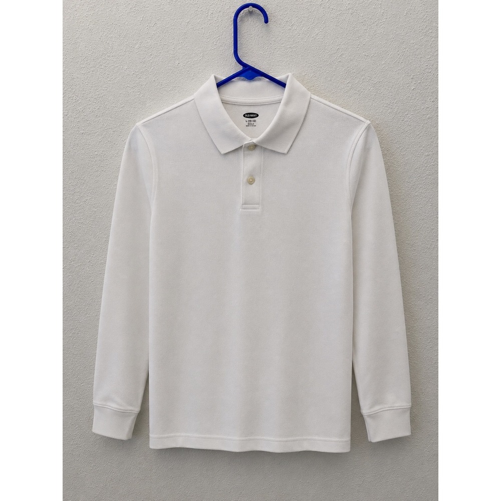 Old Navy Unisex White Long Sleeve Pique Polo Shirt Stretch L 10-12